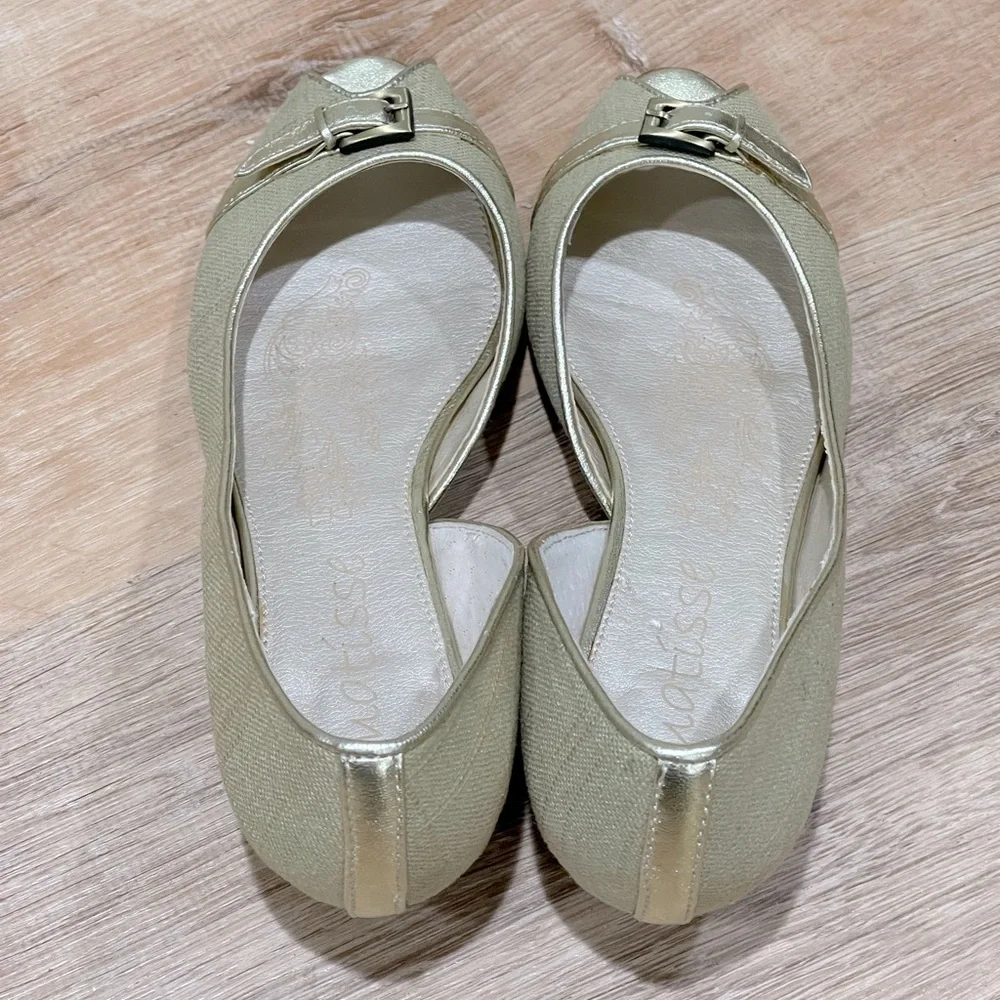 Matisse Estee Khaki Canvas and Gold Leather Open Toe Basket Weave Wedge 7.5 - Picture 5 of 13